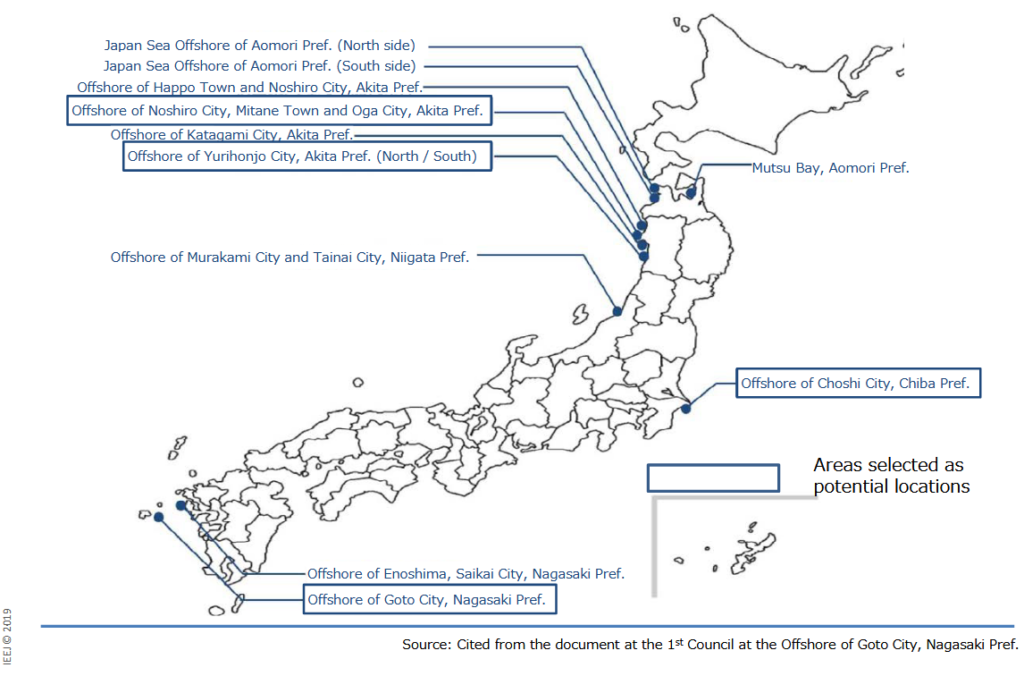 Map of Japanese districts with plans for offshore wind power projects