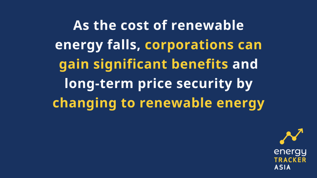 As the cost of renewable energy falls corporations can gain significant benefits and long-term price security by changing to renewable energy