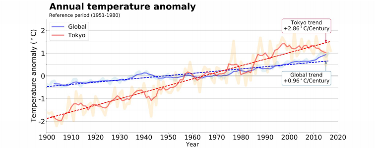 Annual temperature change in Tokyo from 1900 to 2020.