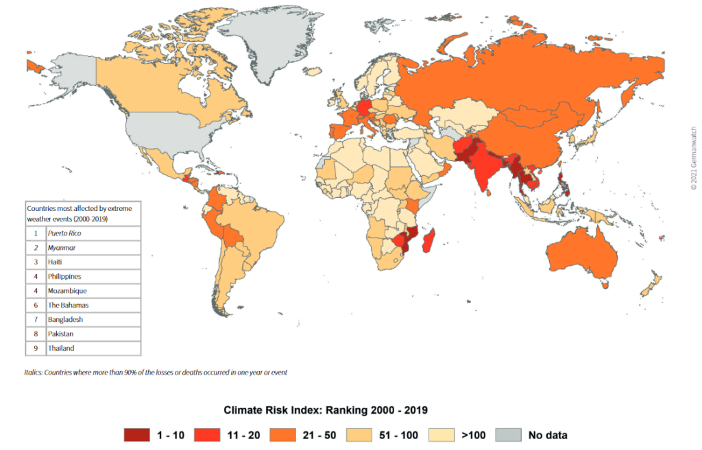 World Map of the Global Climate Risk Index 2000 – 2019, Source: Germanwatch and Munich Re NatCatSERVICE 