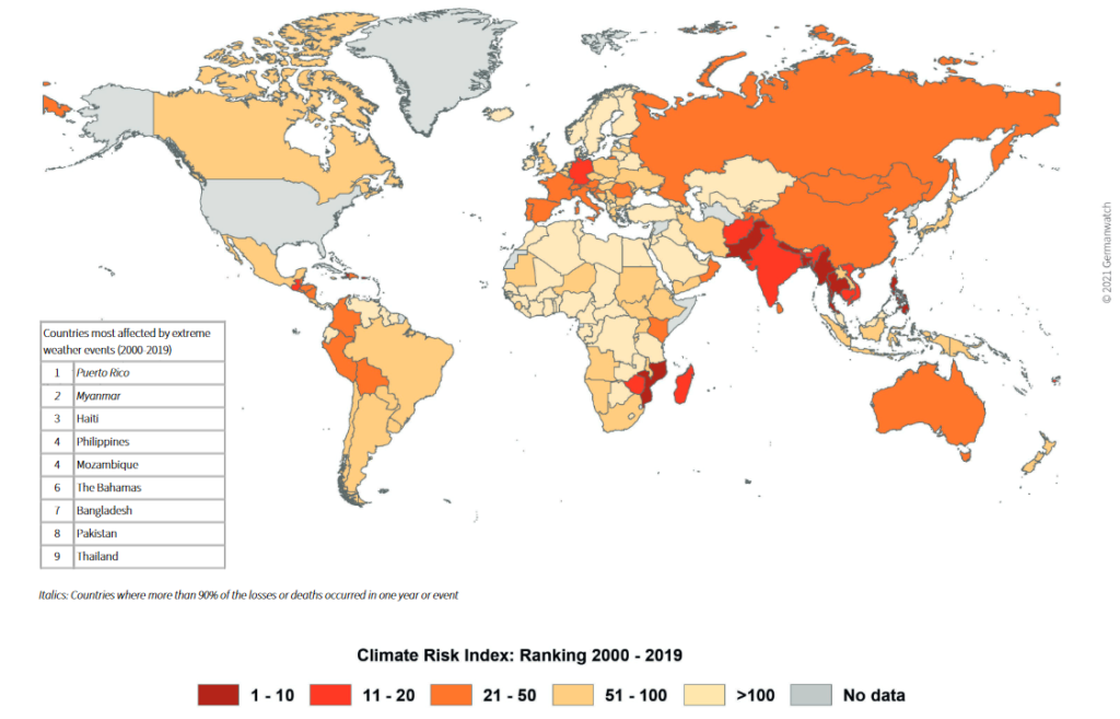 World Map of the Global Climate Risk Index 2000 – 2019, Source: Germanwatch and Munich Re NatCatSERVICE