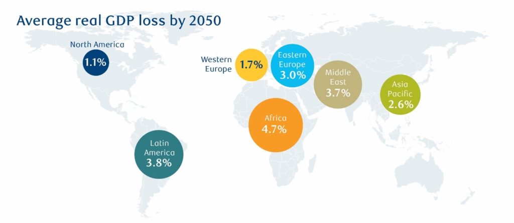 Estimated average GDP loss in 2050 by region due to climate change.