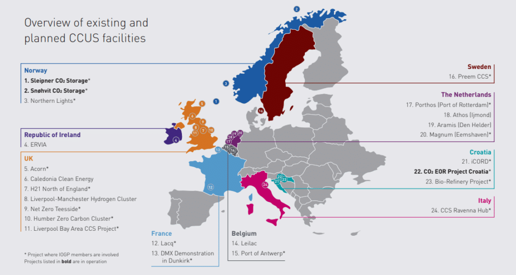 Carbon capture and storage facilities in Europe.