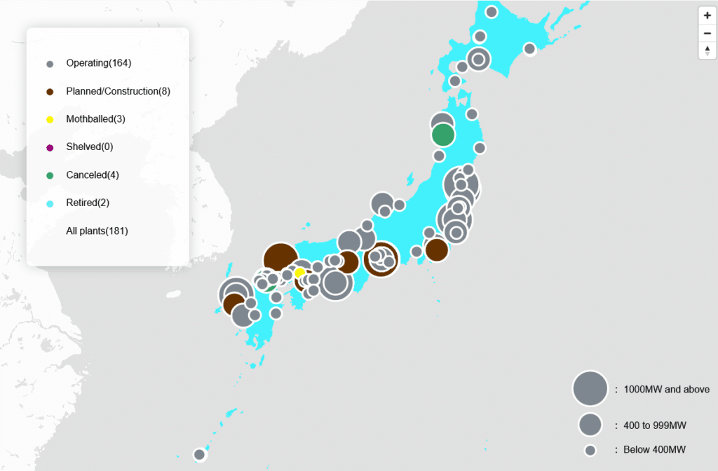 Map of Coal-Fired Power Plants in Japan, Source: Beyond Coal