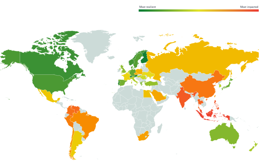 The Countries With the Biggest Impact on GDP from Climate Change, Source - SwissRe