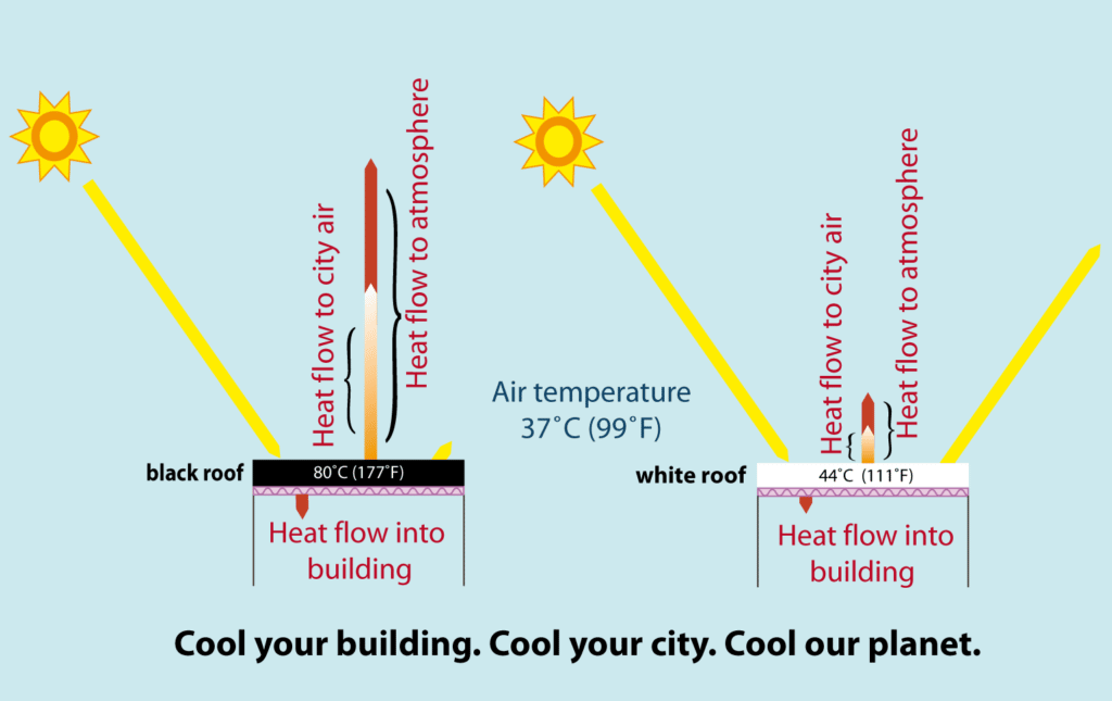 White roofs can help reduce heat/energy use and reduce climate change impacts.