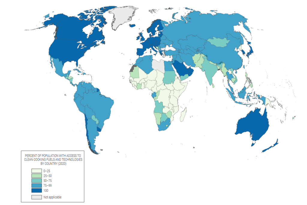 Percentage of population with access to clean cooking fuels and technologies, by country, 2020, Source: IEA