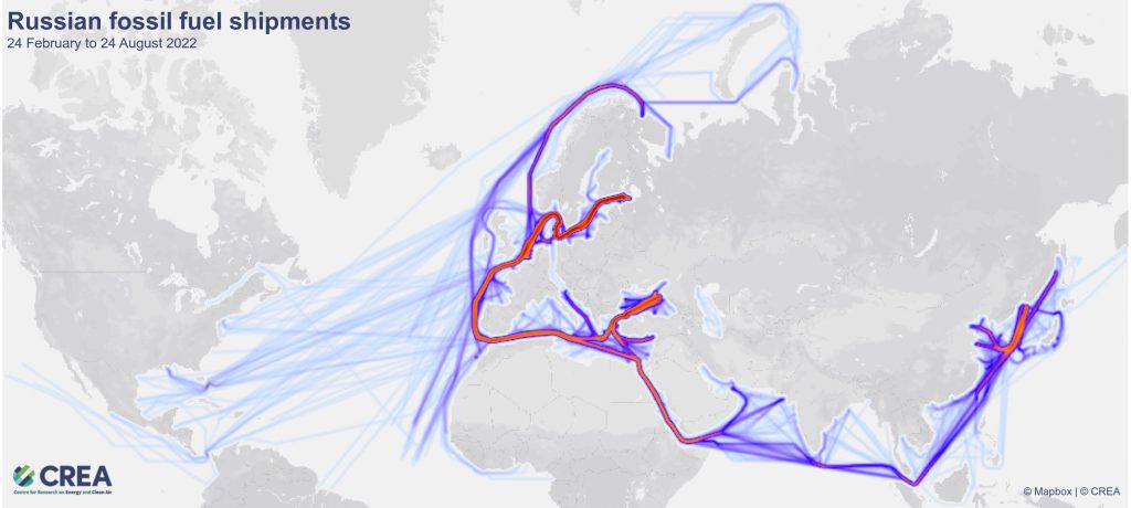 Heatmap of Russian Fossil Fuel Shipments in the First Six Months of the Invasion, Source: CREA