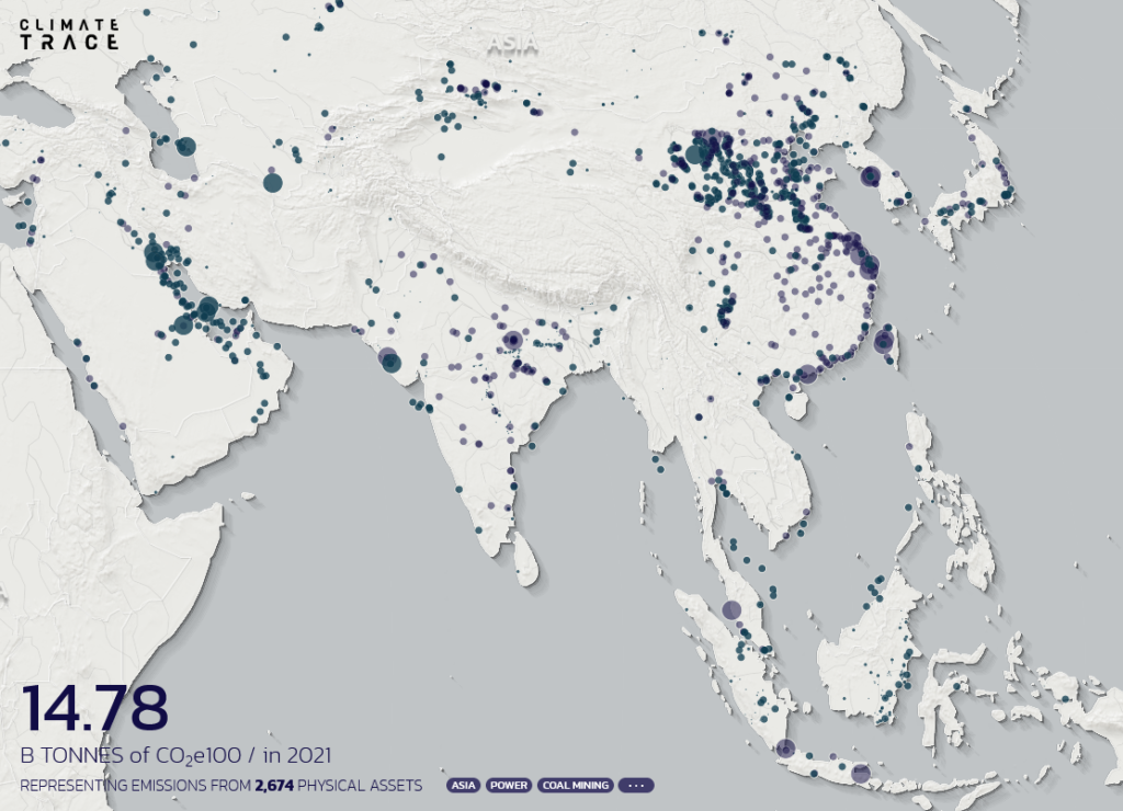 Biggest Fossil Fuel Operation and Power Sector Emitters in Asia, Source: Climate Trace