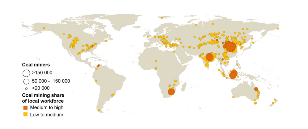 Location of Coal Miners Globally and Share of Coal Mining in Local Workforce, Source: IEA