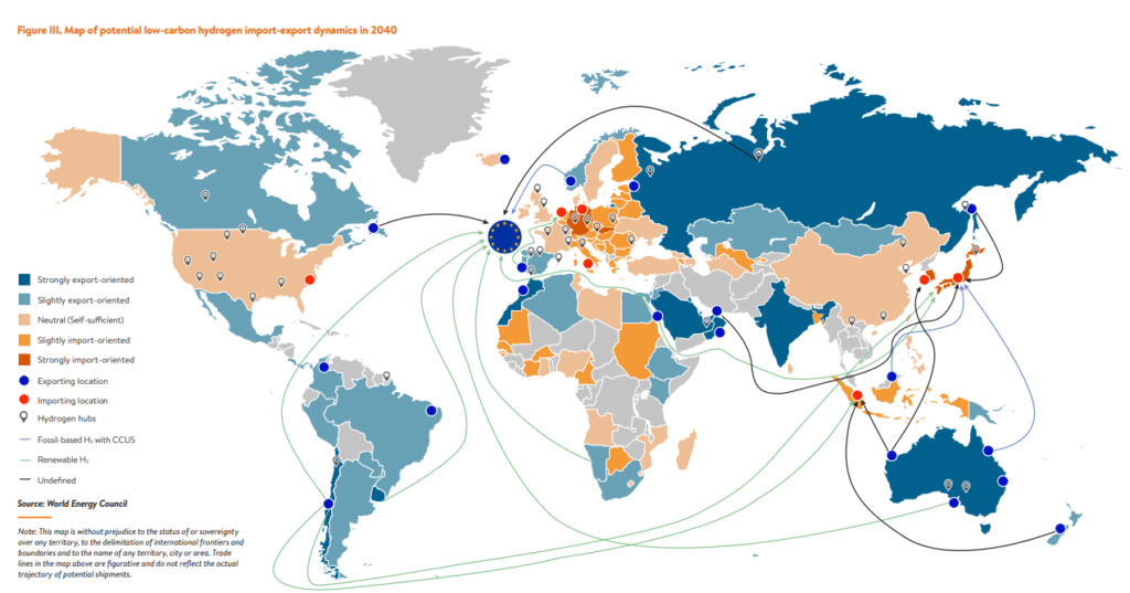 Map of potential future importers and expoerters of hydrgeon.