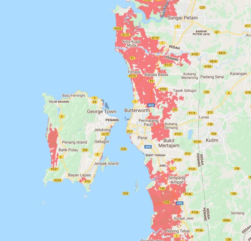 Estimated extent of climate change driven sea level rise near Penang, Malaysia.