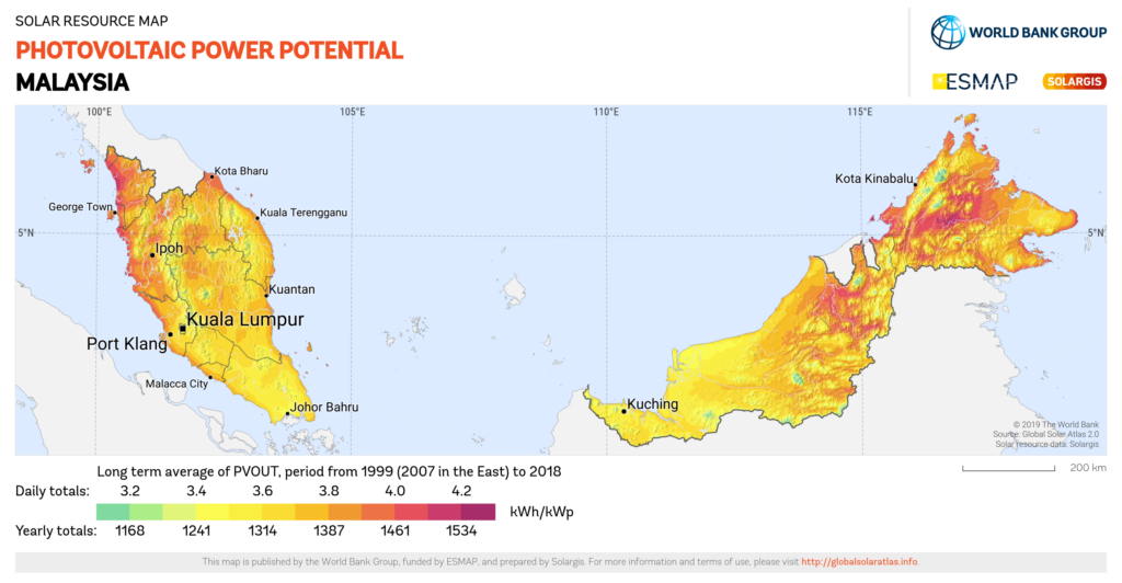 Map of solar irradiance in Malaysia.