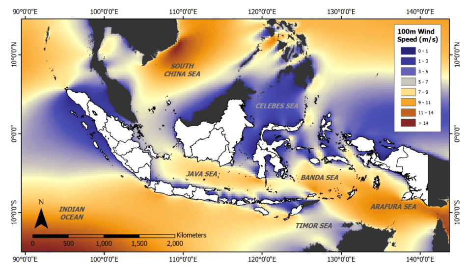 Map of wind speeds in Indonesia.