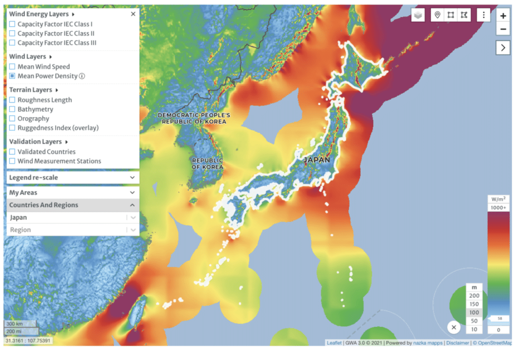 Map of offshore wind energy potential in Japan.