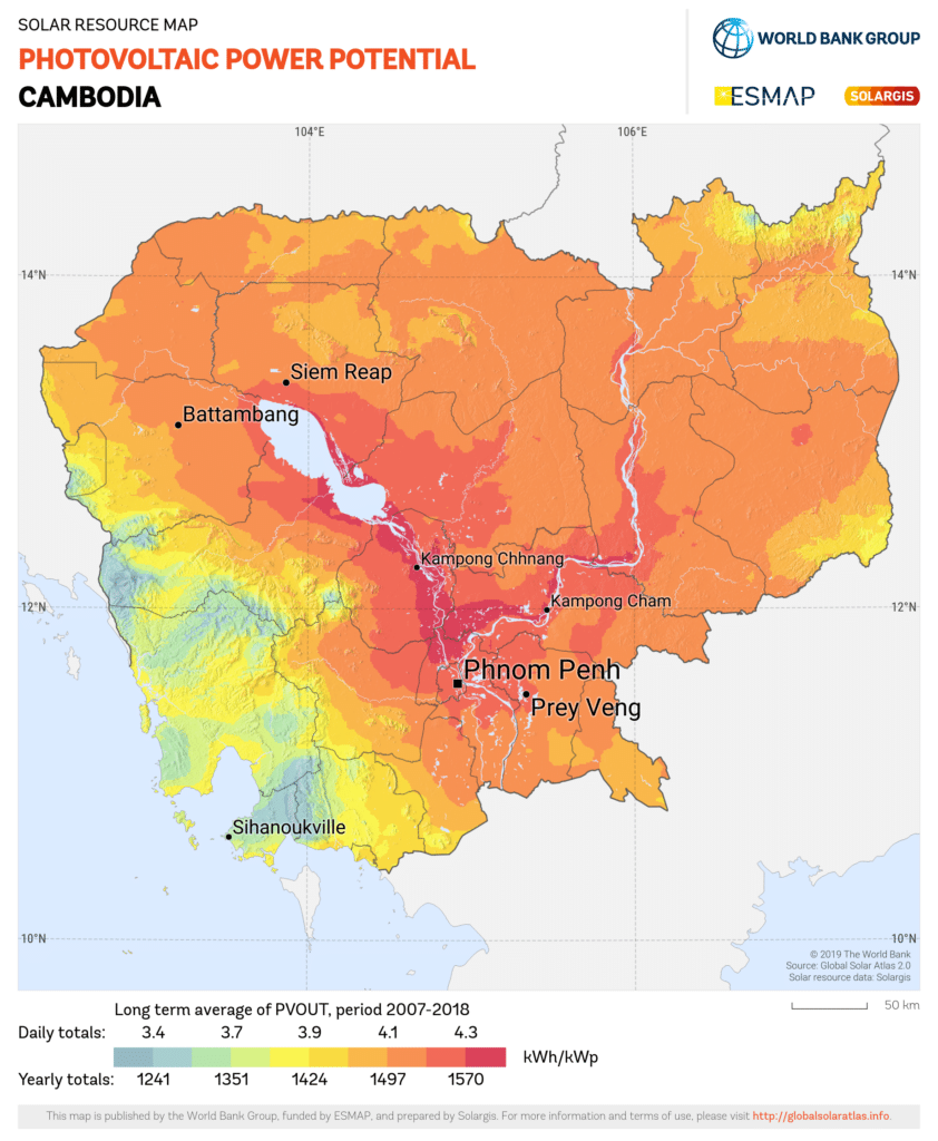 Solar energy potential map for Cambodia.