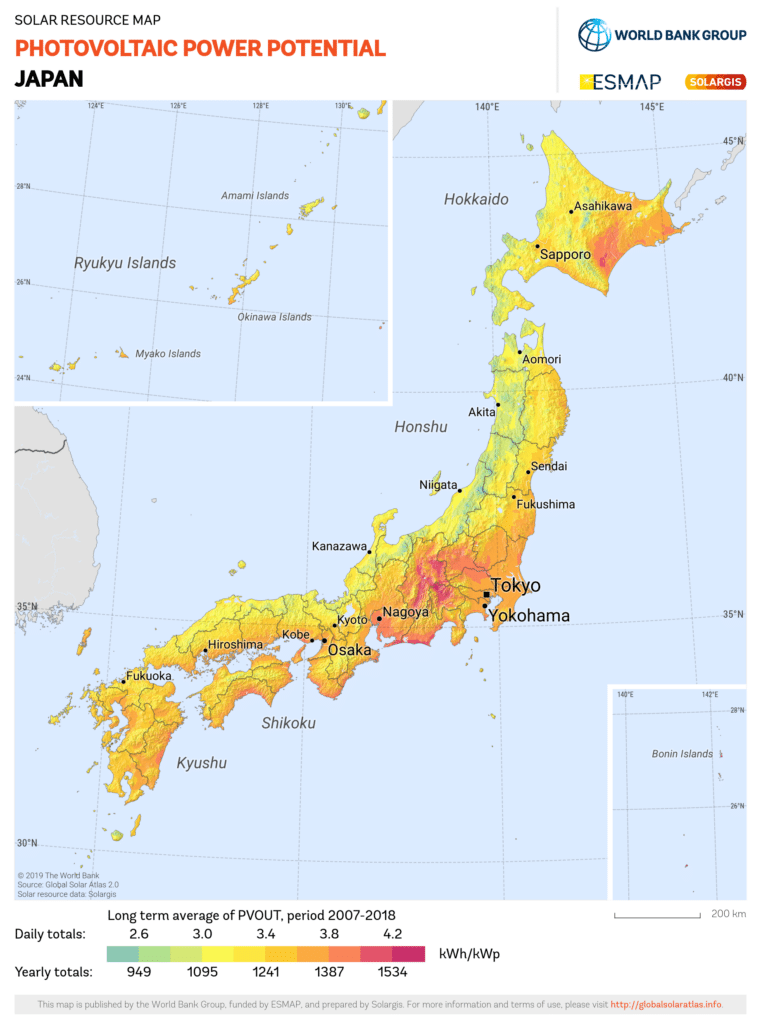Map of solar power potential in Japan