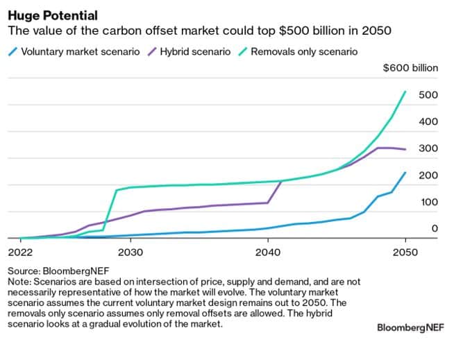 Graph showing expected growth of the carbon credit market to 2050.