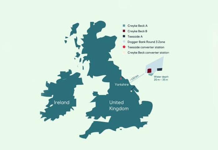 Dogger wind farm renewable energy project map.