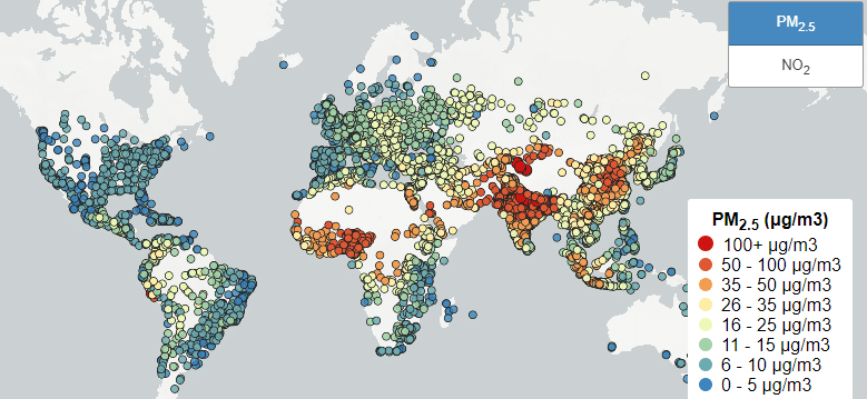 Map of air pollution in major cities of India.