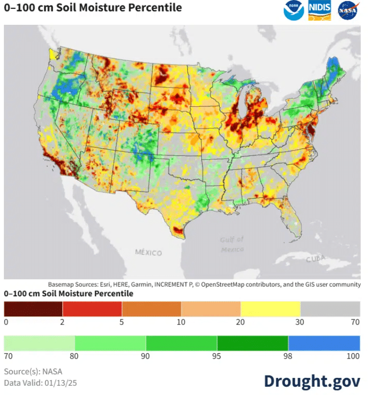 Drought conditions in the US during January 2025