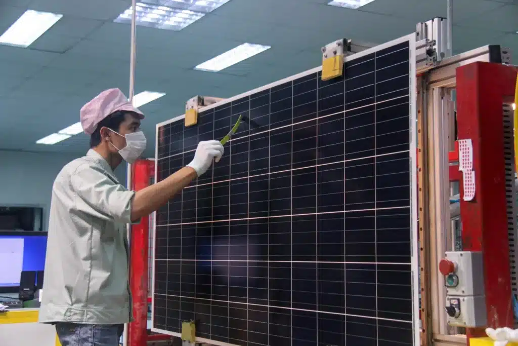 An employee at one of Chinese solar manufacturer Trina Solar’s factories in Vietnam’s Bac Giang province.