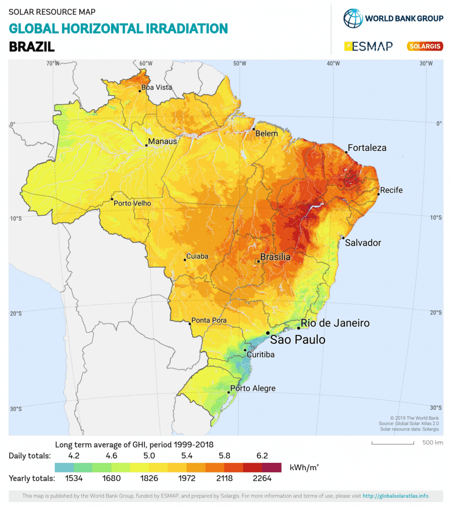 Solar irradiation on Brazil map