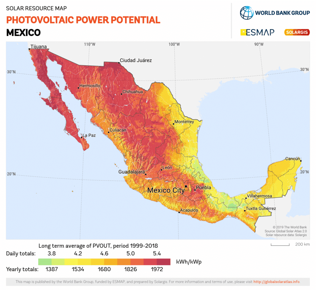 Map of solar energy potential in Mexico