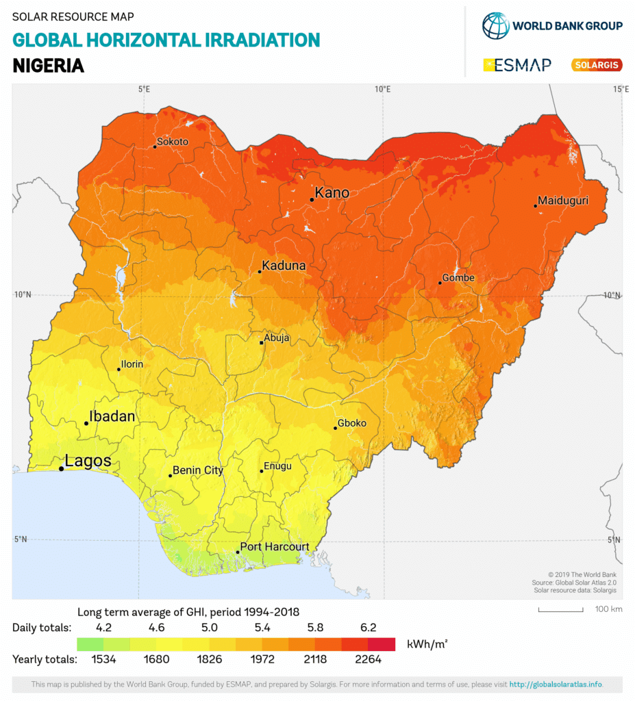 Map of solar irradiation in Nigeria