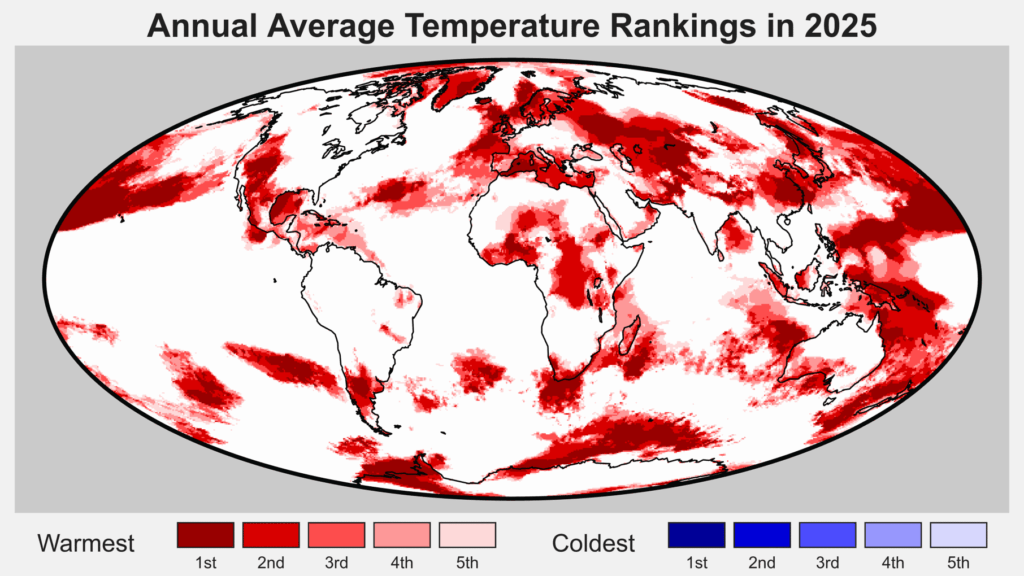 Annual average temperature rankings in 2025
Source: Berkley Earth